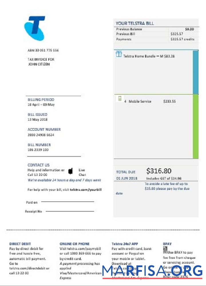Printable Australia Telstra telecommunications utility bill download for verification